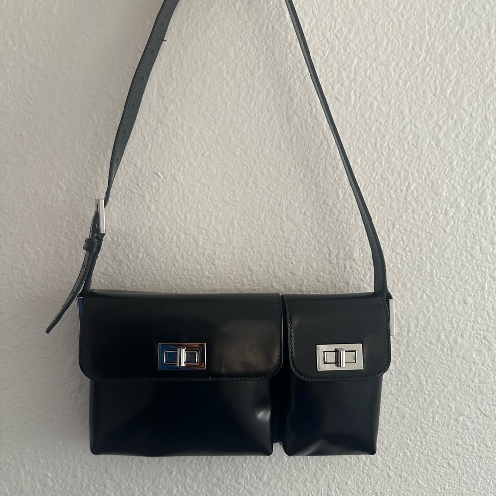 BY FAR Black Patent Double Pocket Shoulder Bag